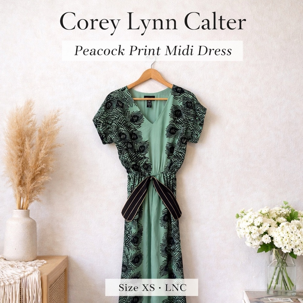 Corey Lynn Calter Peacock Print Waist Tie Midi Dress Green Size XS